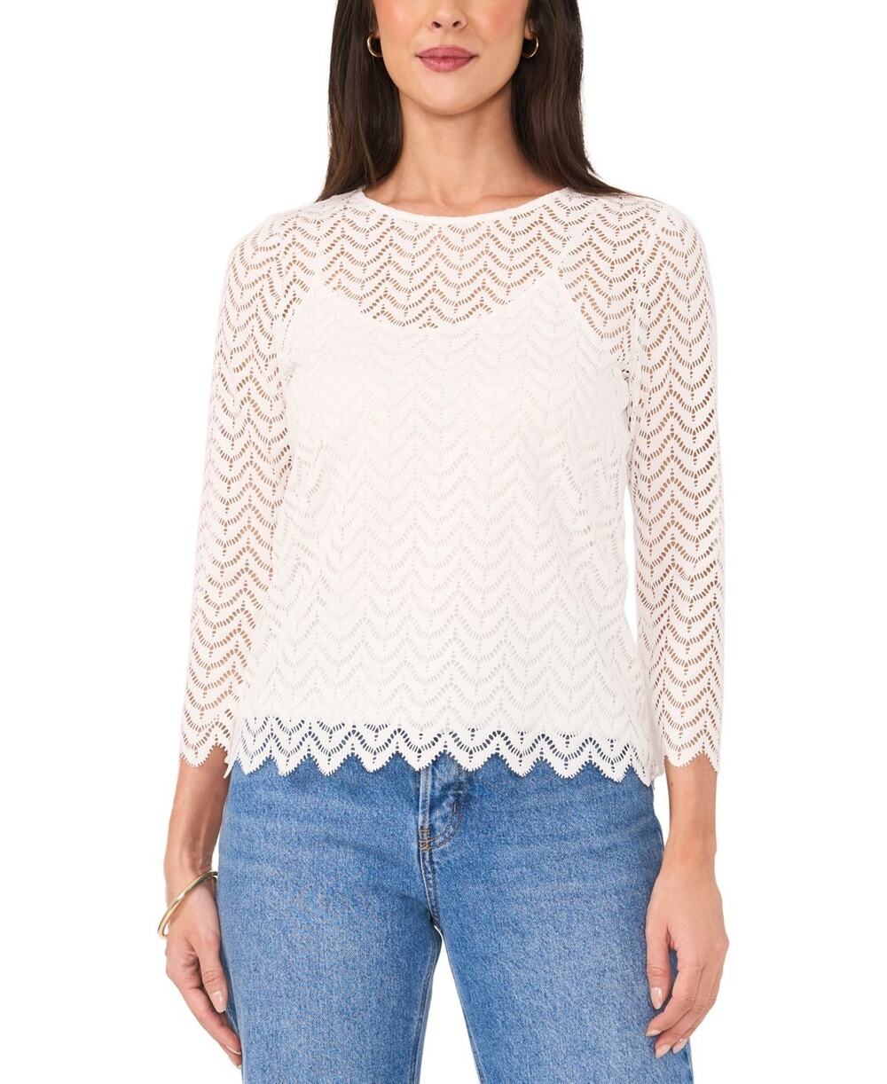 Vince Camuto Women's Lace Crewneck 3/4-Sleeve Top Ivory Size XL 4133 (NEWDEFECT)